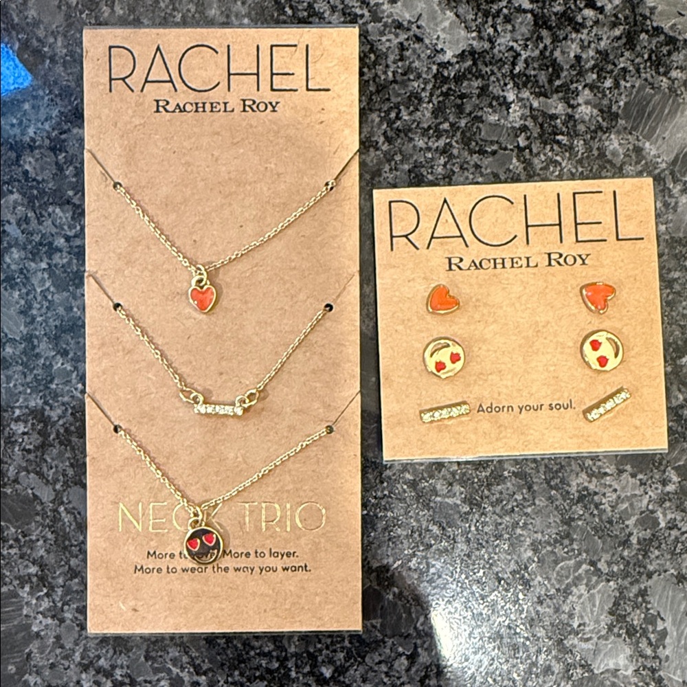 RACHEL Rachel Roy Gold-Tone Layered Necklace and Earring Trio Red Heart Accents